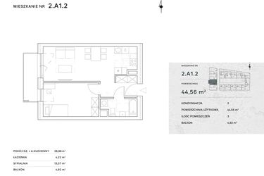 Rzut - Mieszkanie na sprzedaż 2 pokoje o powierzchni 44,56 m² - numer 2.A1.2 w Żernicka Park