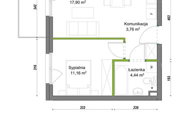 Rzut - Mieszkanie na sprzedaż 2 pokoje o powierzchni 37,26 m² - numer E1/D/07 w Orawska Vita