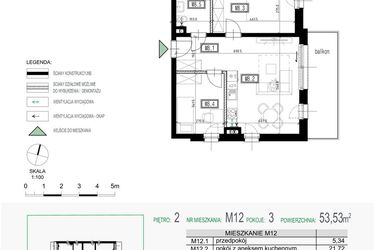 Rzut - Mieszkanie na sprzedaż 3 pokoje o powierzchni 53,53 m² - numer 12 w Kolarska Koncept