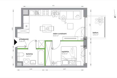 Rzut - Mieszkanie na sprzedaż 2 pokoje o powierzchni 37,43 m² - numer 1/A/2/10 w Sochaczewska Vita
