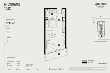 Rzut - Mieszkanie na sprzedaż 1 pokój o powierzchni 32,87 m² - numer 11.12 w Quorum Tower
