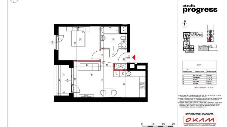 Rzut - Mieszkanie na sprzedaż 2 pokoje o powierzchni 45,82 m² - numer 254 w Strefa PROGRESS
