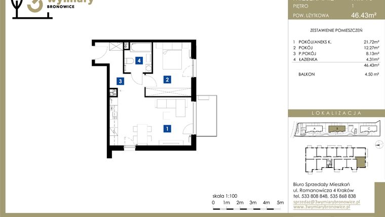 Rzut - Mieszkanie na sprzedaż 2 pokoje o powierzchni 46,43 m² - numer M.B13 w 3 Wymiary Bronowice
