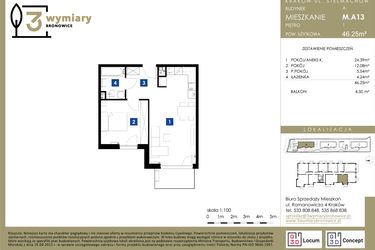 Rzut - Mieszkanie na sprzedaż 2 pokoje o powierzchni 46,25 m² - numer M.A13 w 3 Wymiary Bronowice