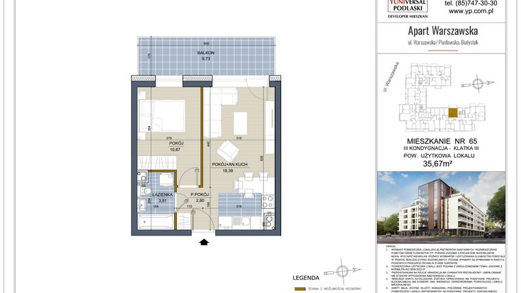 Rzut - Mieszkanie na sprzedaż 2 pokoje o powierzchni 35,67 m² - numer 65 w Apart Warszawska