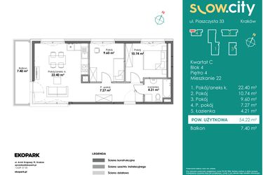 Rzut - Mieszkanie na sprzedaż 3 pokoje o powierzchni 54,22 m² - numer C4-22 w Slow City