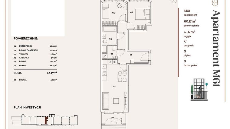 Rzut - Mieszkanie na sprzedaż 3 pokoje o powierzchni 60,17 m² - numer C.61 w Młyny Mogilska