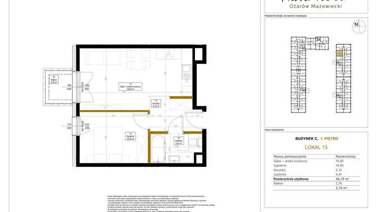 Rzut - Mieszkanie na sprzedaż 2 pokoje o powierzchni 40,19 m² - numer 13 w Aura Nova etap II