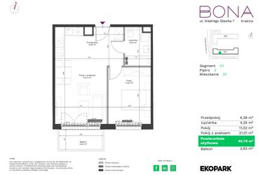 Rzut - Mieszkanie na sprzedaż 2 pokoje o powierzchni 40,76 m² - numer 33 w Bona