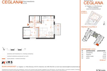 Rzut - Mieszkanie na sprzedaż 2 pokoje o powierzchni 43,61 m² - numer A.5.6 w Rondo Ceglana etap II