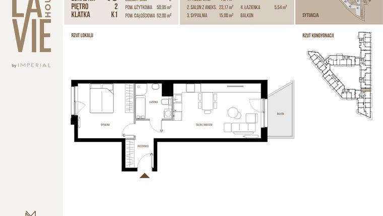 Rzut - Mieszkanie na sprzedaż 2 pokoje o powierzchni 50,95 m² - numer 10 w La Vie House