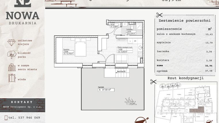 Rzut - Mieszkanie na sprzedaż 2 pokoje o powierzchni 32,94 m² - numer M9 w Nowa Drukarnia