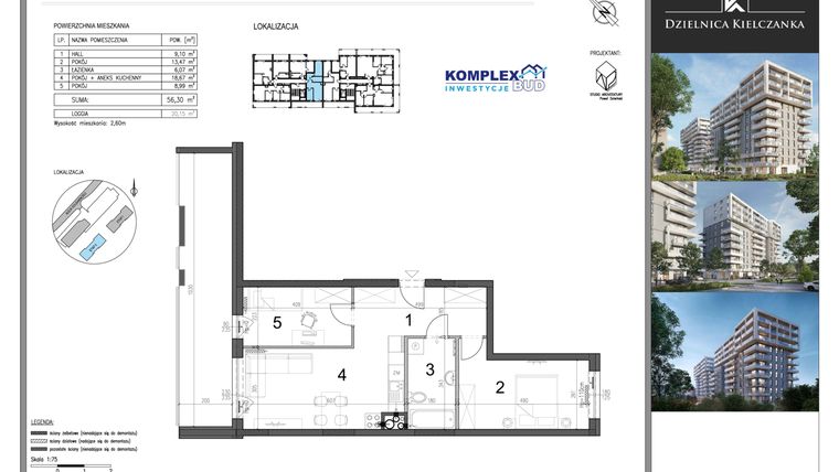 Rzut - Mieszkanie na sprzedaż 3 pokoje o powierzchni 56,3 m² - numer 45 w Dzielnica Kielczanka etap II
