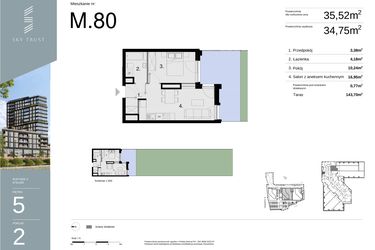 Rzut - Mieszkanie na sprzedaż 2 pokoje o powierzchni 35,52 m² - numer M80 w Sky Trust etap II