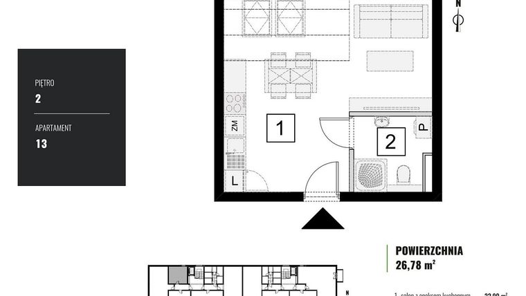 Rzut - Mieszkanie na sprzedaż 1 pokój o powierzchni 26,78 m² - numer M.13 w Zielony Horyzont II
