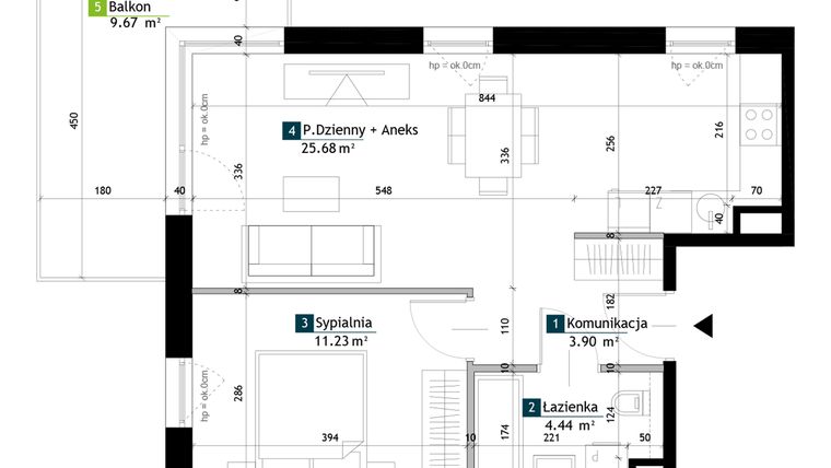 Rzut - Mieszkanie na sprzedaż 2 pokoje o powierzchni 45,25 m² - numer BE0205 w Viva Cité