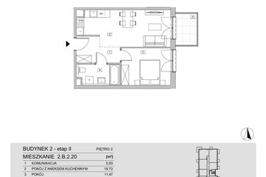 Rzut - Mieszkanie na sprzedaż 2 pokoje o powierzchni 42,51 m² - numer 2.B.2.20 w ATAL Apollina II