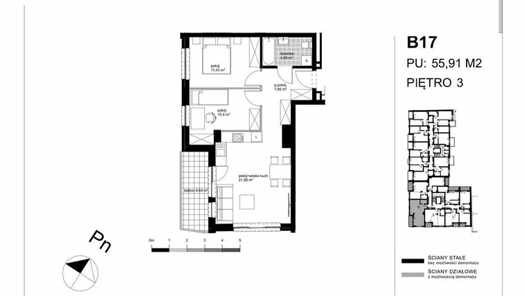 Rzut - Mieszkanie na sprzedaż 3 pokoje o powierzchni 55,91 m² - numer B17 w Apartamenty Kopernika - etap II