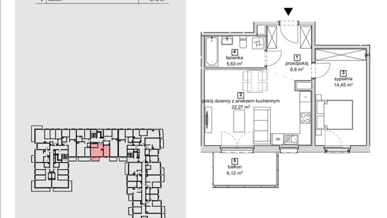 Rzut - Mieszkanie na sprzedaż 2 pokoje o powierzchni 49,15 m² - numer 2B-1-2 w Naramowice Odnova