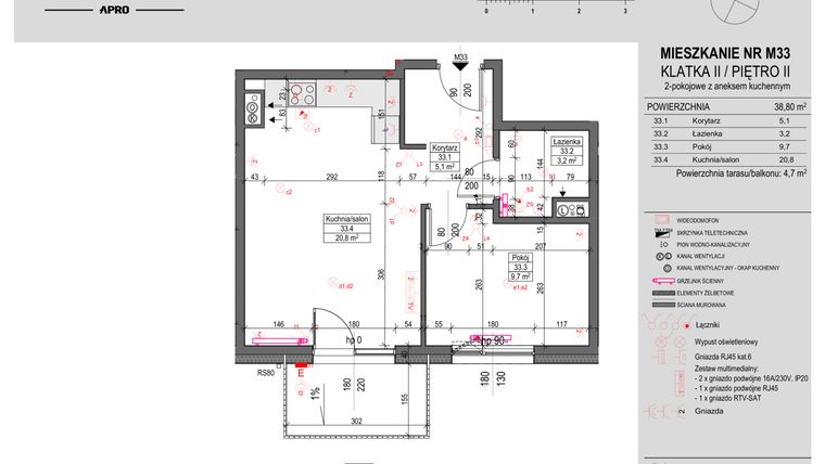 Rzut - Mieszkanie na sprzedaż 2 pokoje o powierzchni 38,8 m² - numer 33 w Antczaka 46