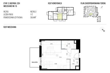 Rzut - Mieszkanie na sprzedaż 1 pokój o powierzchni 36,64 m² - numer 22H/15 w NATURAMA II