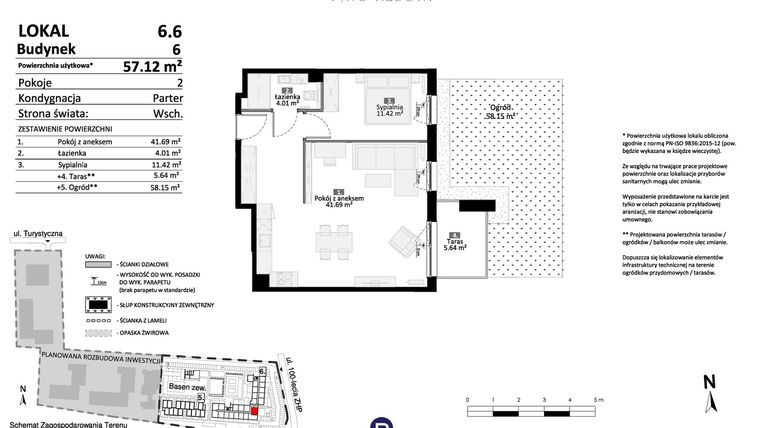 Rzut - Mieszkanie na sprzedaż 2 pokoje o powierzchni 57,12 m² - numer 6.06 w Pino Resort