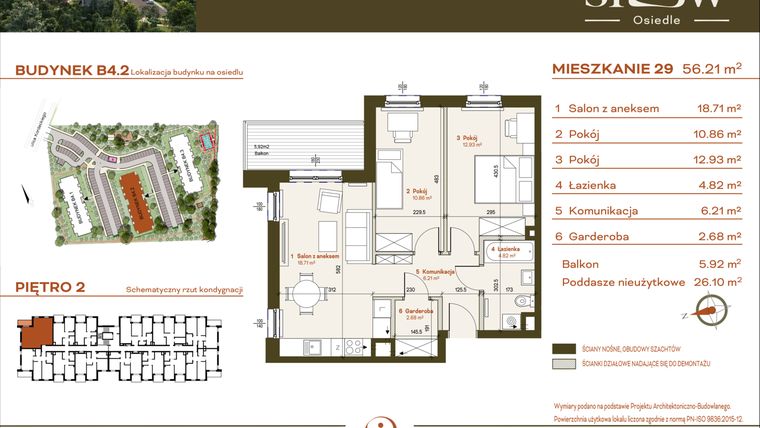 Rzut - Mieszkanie na sprzedaż 3 pokoje o powierzchni 56,21 m² - numer B4.2.29 w Osiedle SLOW