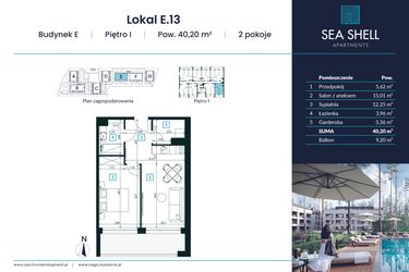 Rzut - Mieszkanie na sprzedaż 2 pokoje o powierzchni 40,2 m² - numer E.13 w Magiczny Łukęcin
