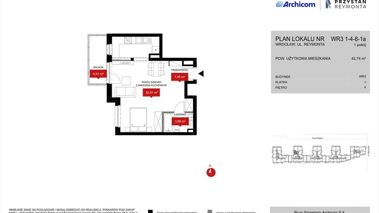 Rzut - Mieszkanie na sprzedaż 1 pokój o powierzchni 42,74 m² - numer WR3 1/4/8/1a w Przystań Reymonta etap II