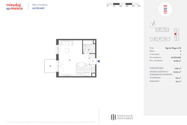 Rzut - Mieszkanie na sprzedaż 1 pokój o powierzchni 31,97 m² - numer A3.103.M01 w Mieszkaj w mieście - Ogrody Glogera