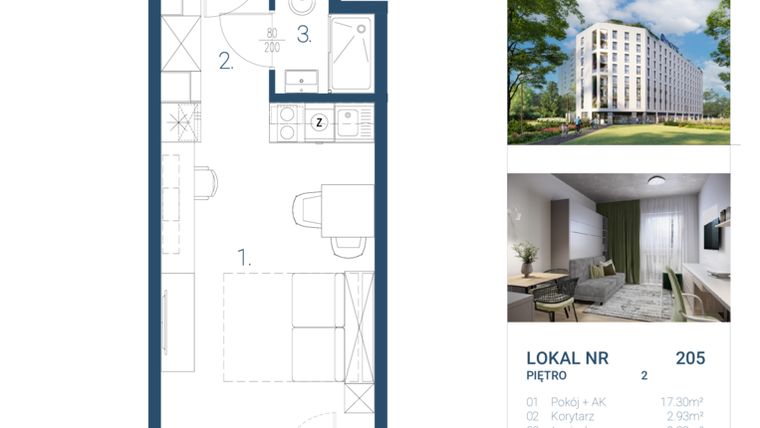 Rzut - Mieszkanie na sprzedaż 1 pokój o powierzchni 22,55 m² - numer 205 w NANO APART