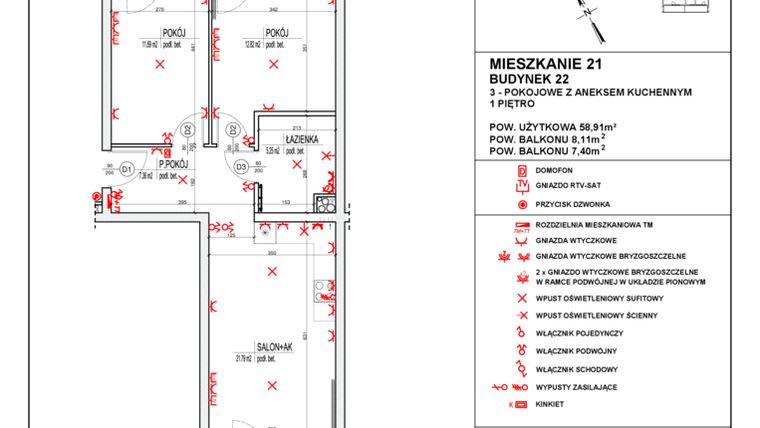 Rzut - Mieszkanie na sprzedaż 3 pokoje o powierzchni 58,91 m² - numer 22_21 w Osiedle 4 Pory Roku - Etap VIII