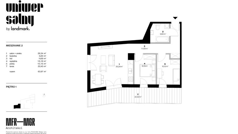 Rzut - Mieszkanie na sprzedaż 3 pokoje o powierzchni 63,97 m² - numer 2 w Dom Uniwersalny