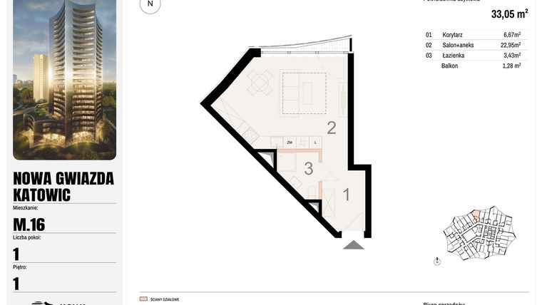 Rzut - Mieszkanie na sprzedaż 1 pokój o powierzchni 33,05 m² - numer M.16 w Nowa Gwiazda