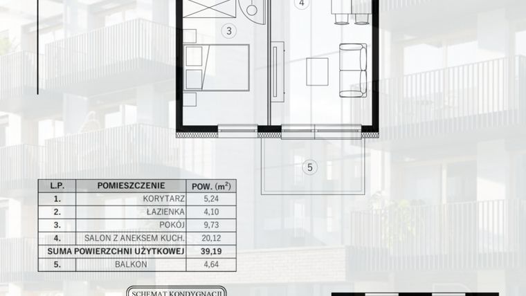 Rzut - Mieszkanie na sprzedaż 2 pokoje o powierzchni 39,19 m² - numer 36 w Młody Straszyn Park VI - bud. B