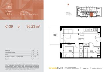 Rzut - Mieszkanie na sprzedaż 2 pokoje o powierzchni 36,23 m² - numer M39_NF.c w Nowe Flisy II