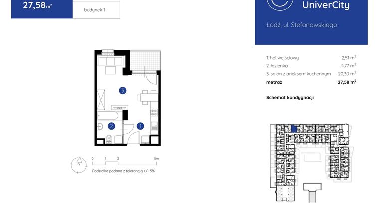 Rzut - Mieszkanie na sprzedaż 1 pokój o powierzchni 27,58 m² - numer 1.B.0.09 w Murapol UniverCity
