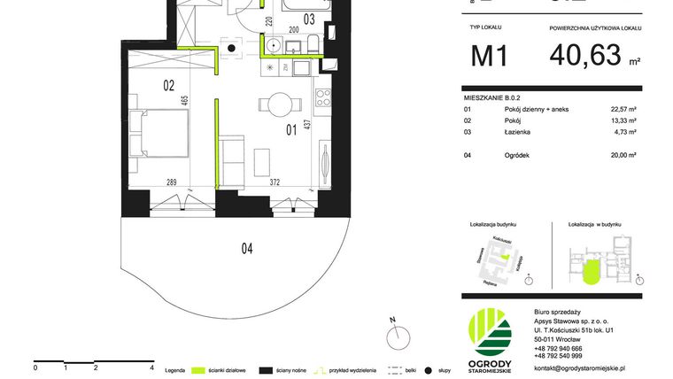 Rzut - Mieszkanie na sprzedaż 1 pokój o powierzchni 42,12 m² - numer B.0.2 w Ogrody Staromiejskie