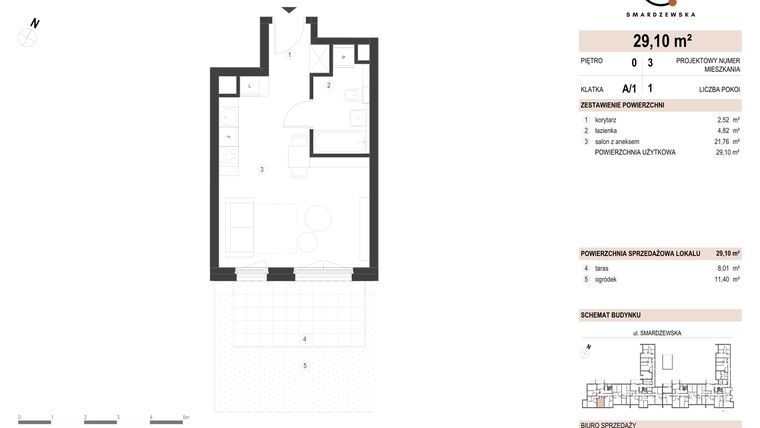 Rzut - Mieszkanie na sprzedaż 1 pokój o powierzchni 29,1 m² - numer A/1/0.3 w Smardzewska 8
