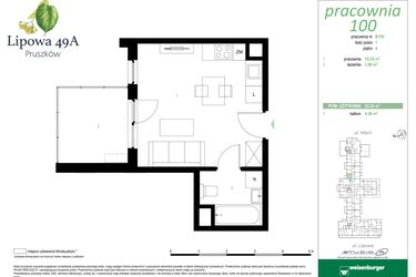 Rzut - Mieszkanie na sprzedaż 1 pokój o powierzchni 23,25 m² - numer 100B w Lipowa 49A - Apartamenty inwestycyjne