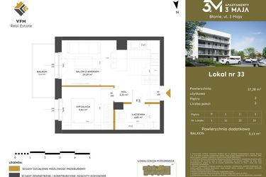 Rzut - Mieszkanie na sprzedaż 2 pokoje o powierzchni 37,28 m² - numer 33 w Apartamenty 3 Maja