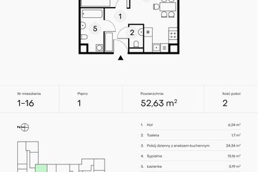 Rzut - Mieszkanie na sprzedaż 2 pokoje o powierzchni 52,63 m² - numer 1-16 w Pączka 1