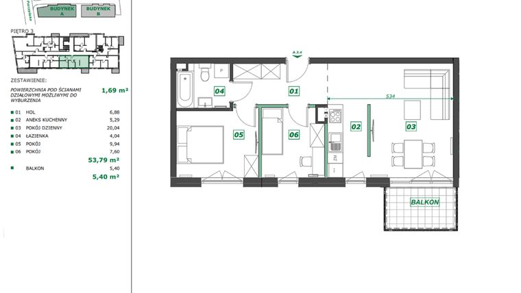 Rzut - Mieszkanie na sprzedaż 3 pokoje o powierzchni 55,43 m² - numer A.3.4 w Apartamenty Pszczyńska