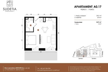 Rzut - Mieszkanie na sprzedaż 1 pokój o powierzchni 32,91 m² - numer A 0.17 w Apartamenty Sudetia