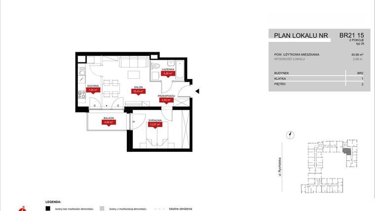 Rzut - Mieszkanie na sprzedaż 2 pokoje o powierzchni 45,99 m² - numer BR21/15 w Browary Wrocławskie 2