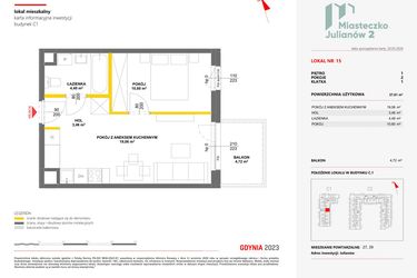 Rzut - Mieszkanie na sprzedaż 2 pokoje o powierzchni 37,61 m² - numer 15 w Miasteczko Julianów etap 2