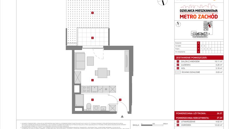 Rzut - Mieszkanie na sprzedaż 1 pokój o powierzchni 26,57 m² - numer B.2 w Dzielnica Mieszkaniowa Metro Zachód - etap 8.2