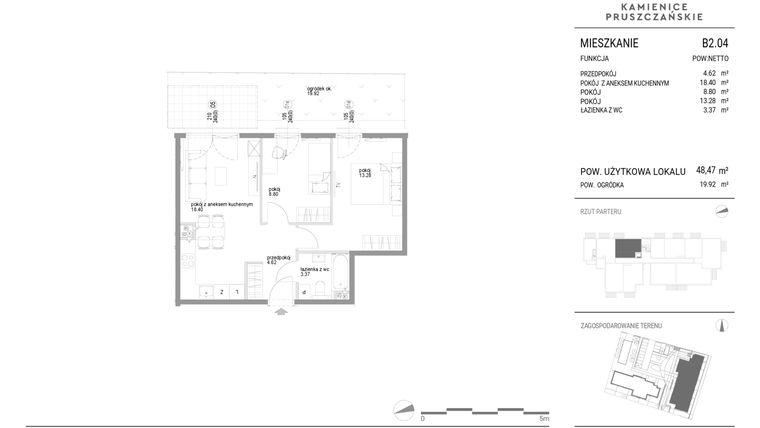 Rzut - Mieszkanie na sprzedaż 3 pokoje o powierzchni 48,47 m² - numer B2.04 w Kamienice Pruszczańskie