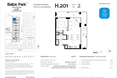 Rzut - Mieszkanie na sprzedaż 2 pokoje o powierzchni 40,3 m² - numer H.201 w Baltic Park Loft
