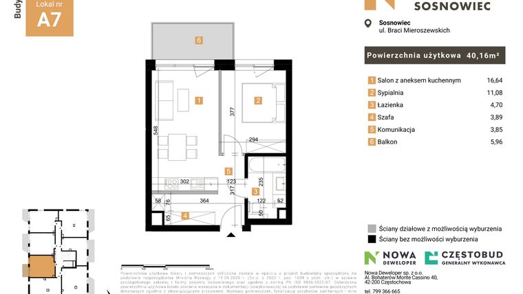 Rzut - Mieszkanie na sprzedaż 2 pokoje o powierzchni 40,16 m² - numer 7 w Nowy Sosnowiec